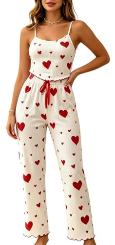 ZeaMolly Women’s Soft 2 Pieces Pyjamas Heart Print Pajama Set Sleeveless Cami Top + High Waist Pants, Comfortable Trousers Classic Sweet Pjs Set Comfortable Loungewear Cute Sleepwear Sets