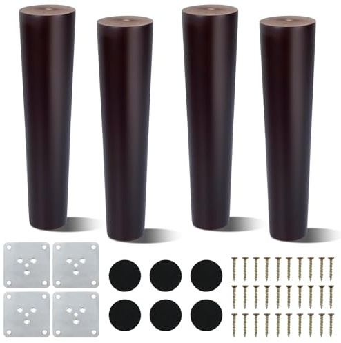 COEWUR 4 Pcs 20 cm Patas de Madera para Muebles de Mesa Conicas Patas para Muebles Madera Maciza Pâtas de Repuesto para Sofá Cama Armario Silla con placa de montaje,almohadilla antideslizante,tornillo