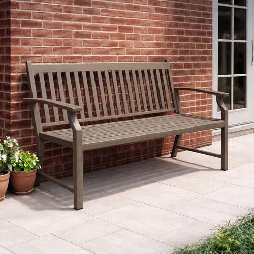 UDPATIO Gartenbank Metall in Holzoptik,Wetterfeste Sitzbank Outdoor, Bank 2–3 Sitzer für Balkon & Garten,Balkonmöbel mit Rücken & Armlehnen,Braun