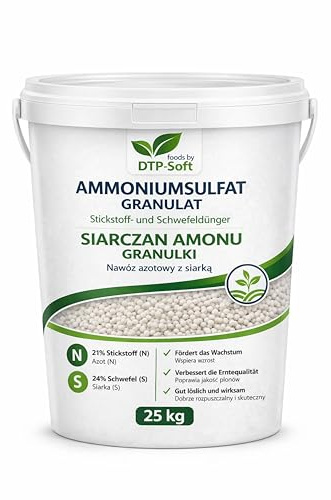DTP-SOFT Ammoniumsulfat 25kg - Stickstoffdünger und Schwefeldünger im Eimer - Ammoniumsulfat Dünger für Heidelbeeren, Moorbeetpflanzen, Rhododendren, Azaleen und Gartenpflanzen - Dünger für kräftiges