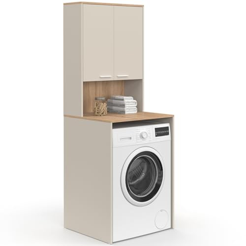 IDMarket – Mueble para encima de lavadora Wallis con armario color beige y madera imitación de haya