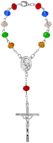 Kaltner Präsente Geschenkidee - Kurzer Auto Rosenkranz für Damen und Herren mit Kreuz Anhänger Marienbild und Glas Perlen Farbe Bunt mehrfarbig (Länge 17 cm)