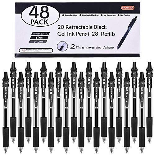 Shuttle Art Gelstifte, schwarz, 48 teiliges schwarze Gelschreiber Set (20 Gel Stifte und 28 Ersatzminen) mit 0,7 mm Spitze, einziehbar, für Schüler, Kinder und Erwachsene geeignet
