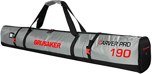 BRUBAKER Skitasche Carver Tec Pro Silber Rot - Gepolsterter Skisack für 1 Paar Ski und Stöcke - Reißfester Ski Bag 190 cm