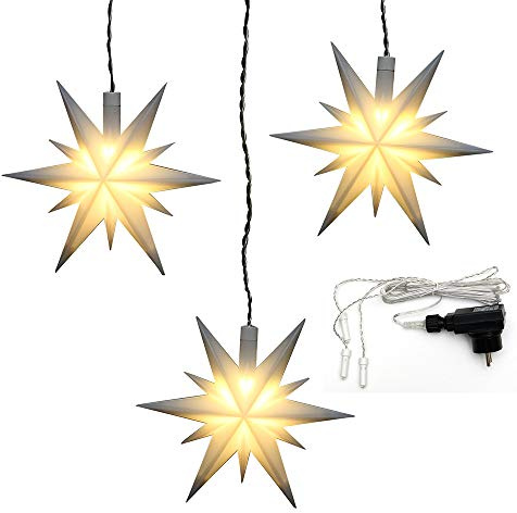 ***3er Set Weihnachtssterne aus Kunststoff in weiß, inkl. LED Beleuchtung und Adapter, für Innen und Außen geeignet. Maße je Stern L/B/H: 13,5 x 5,5 x 12 cm.