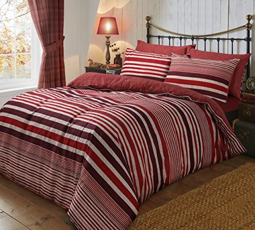 Sleepdown Flannel Stripe Red Reversible Soft Duvet Cover Quilt Bedding Set With Pillowcases - Super King (220cm x 260cm)