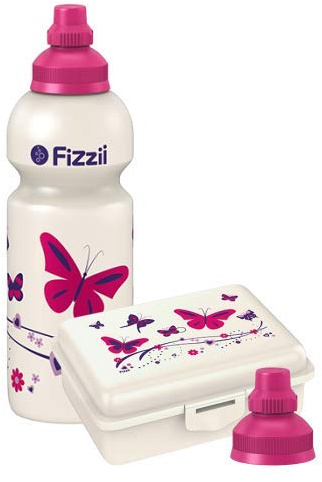 Fizzii Set Trinkflasche 600ml + Lunchbox inkl. Obst-/ Gemüsefach (schadstofffrei, spülmaschinenfest, Motiv: Schmetterling)