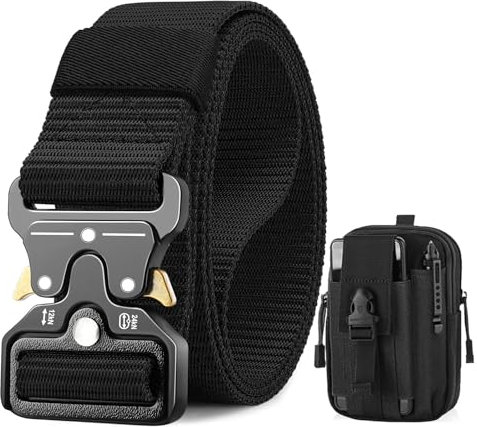 BESTKEE Cintura Tattica, 3,8 cm Cintura da Lavoro Militare, Cintura in Nylon Resistente con Fibbia Metallica a Rilascio Rapido, Regalo con Sacca Tattica MOLLE