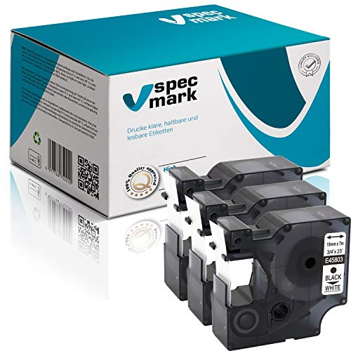 specmark Schriftband D1 45803 S0720830 19 mm x 7 m 3 Stück Schwarz auf Weiß | Beschriftungsband, Kompatibel mit DYMO LabelManager, LabelPoint und LabelWriter DUO