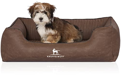 Knuffelwuff Orthopädisches Hundebett Columbia aus Laser-gestepptem Kunstleder M-L 85 x 63cm Braun - Abnehmbarer Bezug - leicht zu reinigen - für große, mittelgroße und kleine Hunde