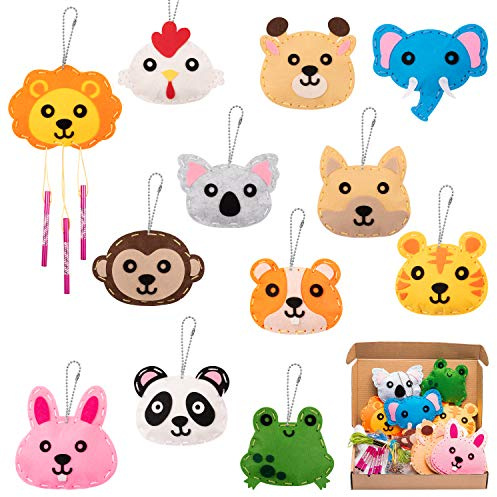 WATINC 12 Kit de Couture Artisanale en Feutre Animal pour Enfants, Pack de Couture éducatif pour Débutant Ornements Cadeau d'anniversaire avec Outils de Couture Porte-clés Carillons éoliens