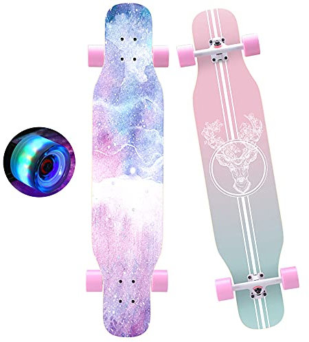 Longboard 43 Zoll, Komplettes Skateboard mit LED-PU-Rädern und Schutzausrüstung, 7 Etagen Ahornholz Longboard für Anfänger Kinder, Teenager, Jungen, Mädchen und Erwachsene (Hirsch)