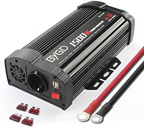 BYGD Inversor de Coche 1500W(Pico 3000W) 12V DC a 220V 230V AC convertidor con Adaptador de Cargador de Coche rápido USB Dual 3.1A para camión, de Camping, de Emergencia