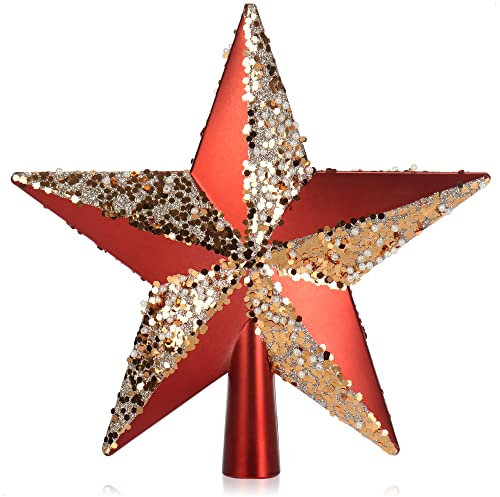 COM-FOUR® rote Christbaumspitze in Stern-Form - Stern für die Weihnachtsbaum-Spitze - verzierter Weihnachtsbaumschmuck - traditioneller Christbaum-Schmuck aus Kunststoff