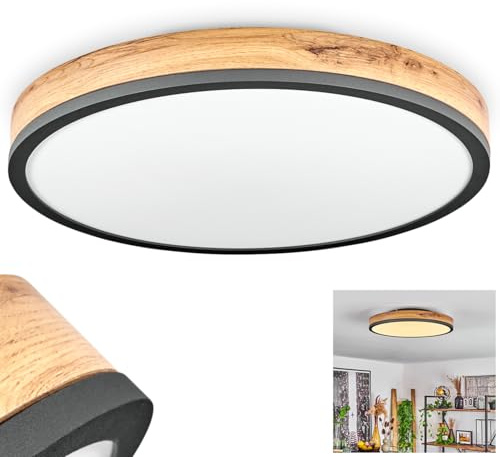 HOFSTEIN LED Deckenleuchte Salmi, Deckenpanel aus Metall/MDF/Kunststoff in Anthrazit/Holzoptik/Weiß, Leuchte im flachen Design, Ø 45cm, 24 Watt, 1800 Lumen, 3000 Kelvin, Esszimmer, Küche, Schlafzimmer