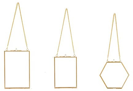 Lrtzizy 3 Packs Pressed Flowers Glass Frames- Golden Hanging Glass Picture Frames with Chain Floating DIY Artwork Display Frames