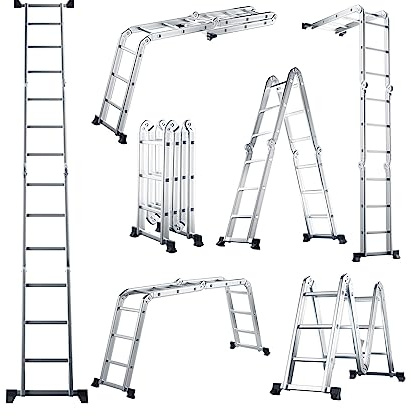 GYMAX Échelle Multifonction Pliante 370,5CM en Alliage d'Aluminium, Escabeau 7 Modes d'Utilisation, Pédale Antidérapante, Charnières Verrouillables, Charge 150 kg
