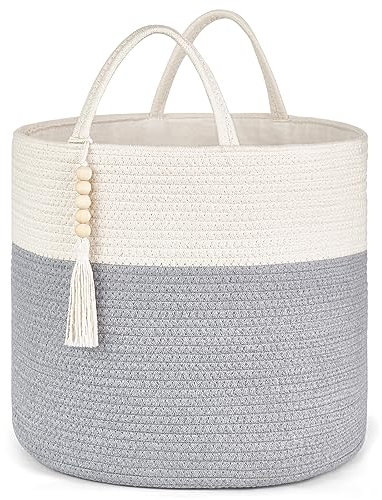 Mkono Woven Storage Basket Decorative Rope Basket Wooden Bead Decoration for Blankets,Toys,Clothes,PlantOrganizer Bin with Handles Living Room Home Decor, Grey and White, 16 W × 13.8L