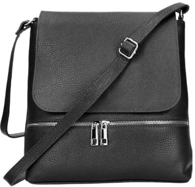 OBC Made in Italy Damen Leder Tasche Messenger Crossbody Handtasche Schultertasche Crossover Umhängetasche Shopper Damentasche Überschlagtasche Tablettasche bis ca. 7-9 Zoll Schwarz