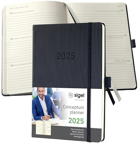 SIGEL C2512 Wochenplaner Wochenkalender 2025, ca. A5, schwarz, Hardcover, 192 Seiten, Gummiband, Stiftschlaufe, Archivtasche, aus nachhaltigem Papier, Conceptum