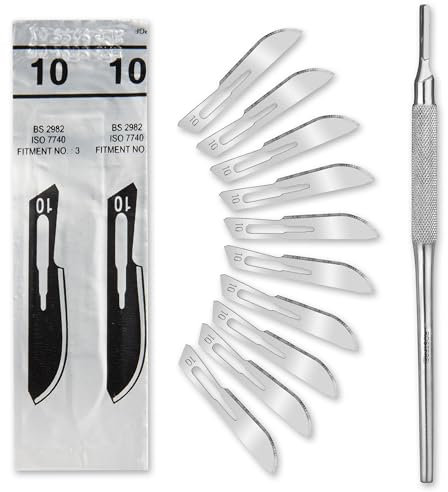 Set - 50 sterile Stück Skalpellklingen Figur 10 aus Karbonstahl - Ersatzklingen + 1 x Shehadeh - Skalpell-Halter mit rundem Griff - Edelstahl