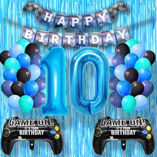 Geburtstagsdeko Junge 10 Jahr, Blau Luftballon Geburtstag Deko Zubehör Set, Videospiel-Thema Geburtstag Party Dekoration für 10. Jungen