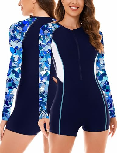 SEAUR Rashguard Dam långärmad baddräkt med ben smal passform baddräkt UPF 50 UV-skydd one piece badmode dragkedja baddräkt, A05, XL