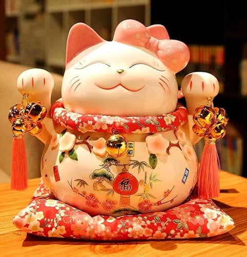 EatingBiting 20,1 cm große japanische Keramik, Maneki Neko, viele Glocken, Schleife, Katze, Ornament, Sammelfigur, winkende Glückskatze, kunstvoll Verziertes Porzellan, tolles Geschenk für