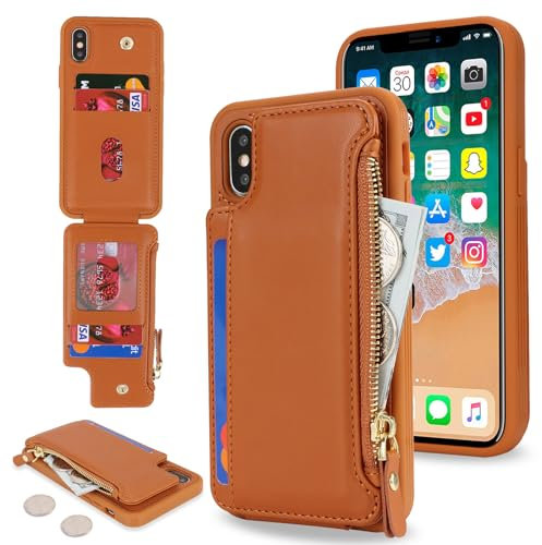 SailorTech Handyhülle für iPhone X/XS Etui mit Kartenfach, iPhone XS Hülle mit Kartenhalter, iPhone X Handyhülle mit Reißverschluss Geldbörse - Braun