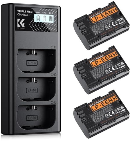K&F CONCEPT LP-E6NH Akku,2600mAh (3er Pack) und 3-Slot Ladegerät Akku-Kit,Kompatibel mit Canon EOS R7 R5 EOS R6 EOS R 5D II III IV 6D 6D II 7D 7D II 60D 70D 80D 90D