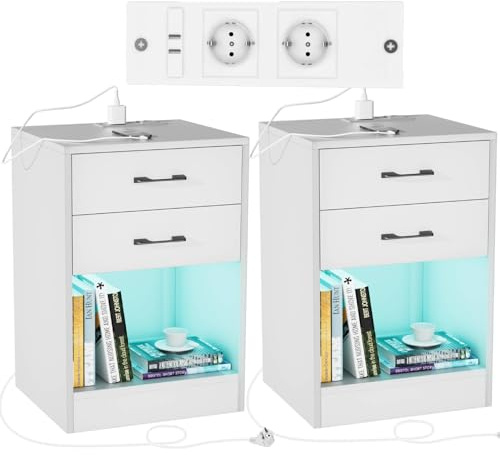 Rcynview Set di 2 Comodini Bianchi Con Presa di Corrente, Lucidi, LED 16 Colori, 2 Cassetti, 40 x 35 x 60 cm, per Camera da Letto, Soggiorno