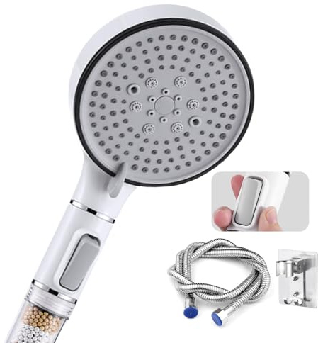 High Pressure Shower Head with 2M Hose & Adhesive Bracket - 120mm Handheld Shower, 5 Spray Modes, 4-Layer Ionic Filtration, Universal G1/2 Water Saving Showerhead with Pause for Hard Water