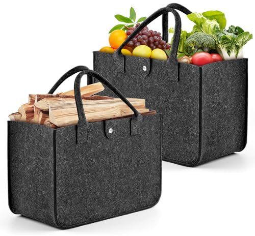 Filztasche Einkaufstasche, 2 Stück Filztaschen Shopper, Filztasche Groß, Faltbar Filzkorb, Tragetasche Filz, Shopping Bag zur Einkaufen, Ausgehen, Spielzeug, Aufbewahrung (39x26x20cm, Dunkelgrau)