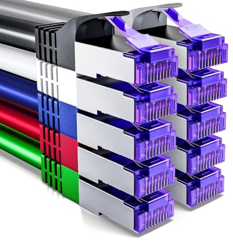 deleyCON 10x 1m CAT7 Câble Réseau - 10 Gigabit - RJ45 Câble de Raccordement Câble Ethernet (Cuivre, SFTP PiMF Blindage) LAN DSL Modem Routeur Panneau de Brassage CAT7 CAT6 CAT5 - Coloré