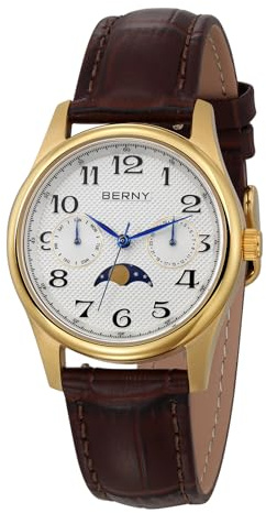 BERNY Quarzuhr Für Frauen Mondphase Uhren Damen Armbanduhr Leicht Lesbare Arabische Ziffern Zifferblatt Analoge Uhren Sub-dail Mit Datum Tag Kalender Echtes Lederband