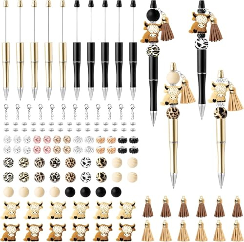 Haooryx 148pcs Highland Cattle Beadable Ballpoint Pen Accessories, Set of 12 Plastic Beadable Pen, Cattle Silicone Pendant, Clay Bead, Crystal Spacer Bead, Office School Kids DIY Party Exchange Gifts