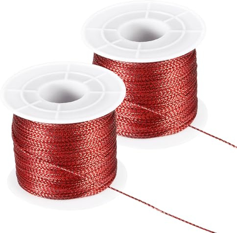PATIKIL 656 fot/218 Yard metalliskt snöre glitter prydnadssträng, 1 mm etikettsnöre icke-stretch tråd för presentinslagning hantverk smyckestillverkning, röd 2 spole