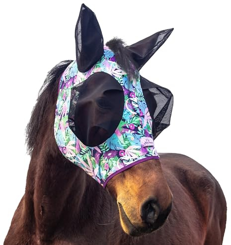 Horzmetnex stretchig hästflugmask med extra stora ögon och manöppning – mjuk, andningsbar flugmask för hästar, trasselfri design, förbättrad synlighet (lila blad, full (stor))