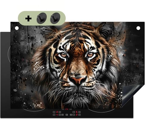 KitchenYeah© Herdabdeckplatte Einteilig Küche Herdabdeckung Induktionsfeld | 80x52 cm - Ceranfeld Herdabdeckplatten Vinyl Matte, Spritzschutz Küchenrückwand Tiger - Tiere - Porträt - Schwarz - Luxus