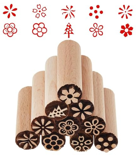 10 Stück Stempel für Ton, Keramik, Briefmarken aus Naturholz, Stempelset mit Holzdruck, kann in Keramik, Tonstempel, Basteln und auch in Gebäck und Gemälde verwendet werden