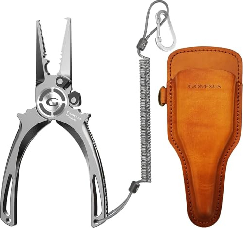 GOMEXUS Titanium Fishing Pliers 7.5 Inch with Side Cutters, Lanyard & Leather Sheath, Never Rust Hook Remover, Saltwater Resistant, Jigging Fishing