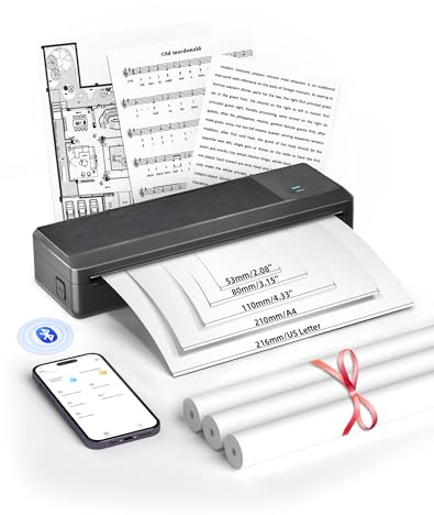 BORN4SHIP Stampante Termica Portatile A4, P83 Stampante Bluetooth Senza Inchiostro per Cellulare e Computer, Supporta Carta Multisize, per Ufficio Viaggi, Casa, Dotato 5 Rotoli Carta,Nero Profondo