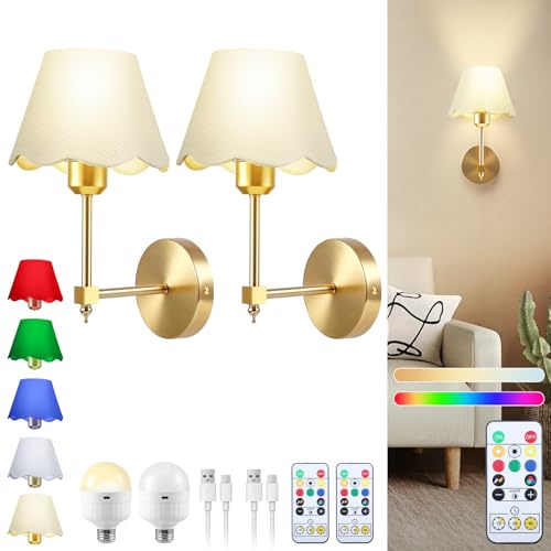 Battery Operated Wall Sconce Set of 2, Rechargeable Wall Lights with 5200mAh Detachable Charging Bulbs and Remote, 6 Colors RGB Dimmable Wireless Wall Lamp for Bedroom Living Room Hallway, No Wire