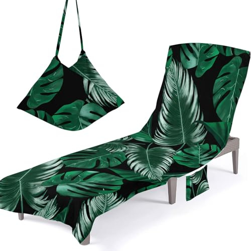 Fasheepfa solstol strandhandduk med fickor, bananlöv sommar strand stolskydd schäslong handduk överdrag matta solsäng handdukar för semester trädgård utomhuspool (tropisk, 75 x 210 cm)