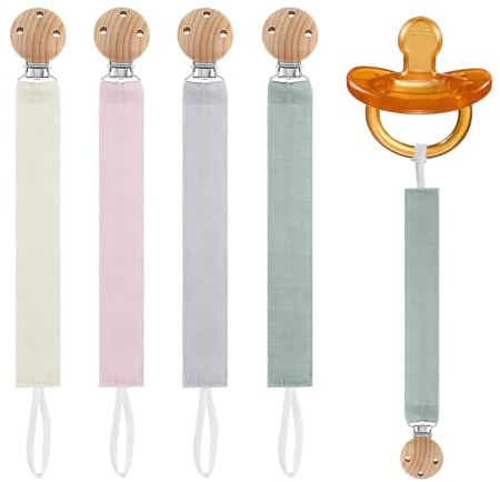 4 PCS Schnullerkette Stoff Set,Schnullerkette,Schnullerband Baumwolle,Schnullerketten mit Buchenholz Clip,Schnullerband Stoff für Jungen & Mädchen, Baby Schnullerkette Clip Geschenk zum Baby, BPA-frei