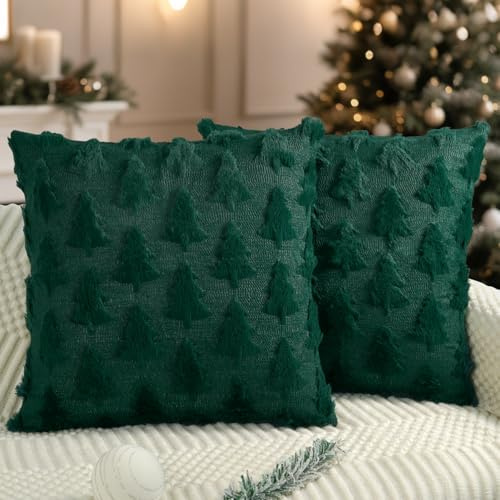 Miaikoe Weihnachtskissenbezüge 50x50 cm Set von 2 Grün Weihnachtsbaum-Kissenbezüge Weich Plüsch Kunstpelz für Winterferien Wohnzimmer Reiseautobahn Sofa Dekoration