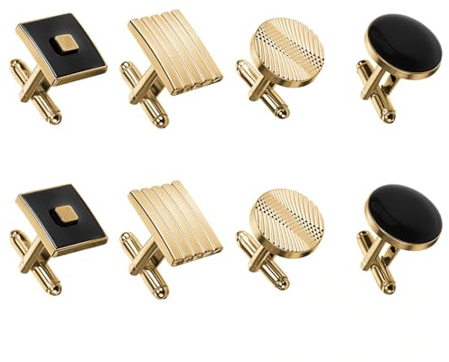 QFGasre 4 Pairs Cufflinks for Men Classic Tone Cuff Links Fashion Men Cufflinks Gold Striped Disc Square Rectangle Cuff Links for Business Wedding Party Gift Box