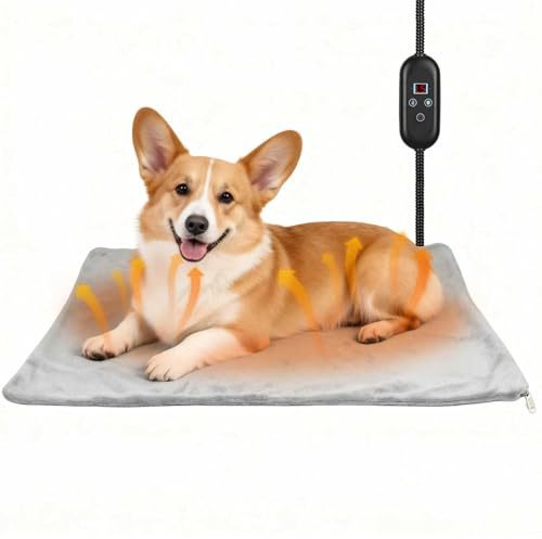 Glovios Tapis Chauffant Chien Coussin Chauffant Electrique pour Animaux,6 Températures Reglable (35–55℃) & 5 Minuteries, avec Cordon Anti Morsure, Gris,40 * 50cm