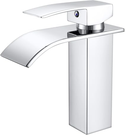 kisimixer Mitigeur Lavabo Cascade avec Bec Hauteur 10cm, Robinet Lavabo Salle de Bain Moderne, Mitigeur Monocommande Lavabo Eau Chaude et Froide Disponible (sans Bonde, sans Tirette de Vidage) Chromé