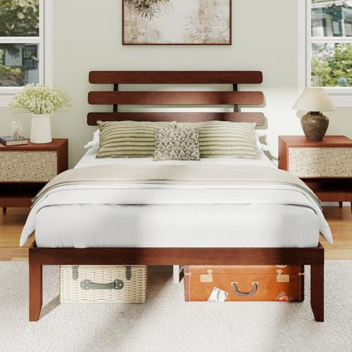 COSTWAY 4FT6 Double/5FT King Size Bed Frame, Solid Rubber Wood Platform Beds with Retro High Headboard and 30cm Underbed Storage, Wooden Slat Support Bed Base, No Box Spring Needed (Walnut, King)